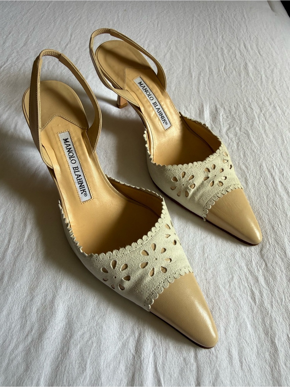 Vintage Manolo Blahnik Floral Cutout Tan/Ivory leather slingback mules